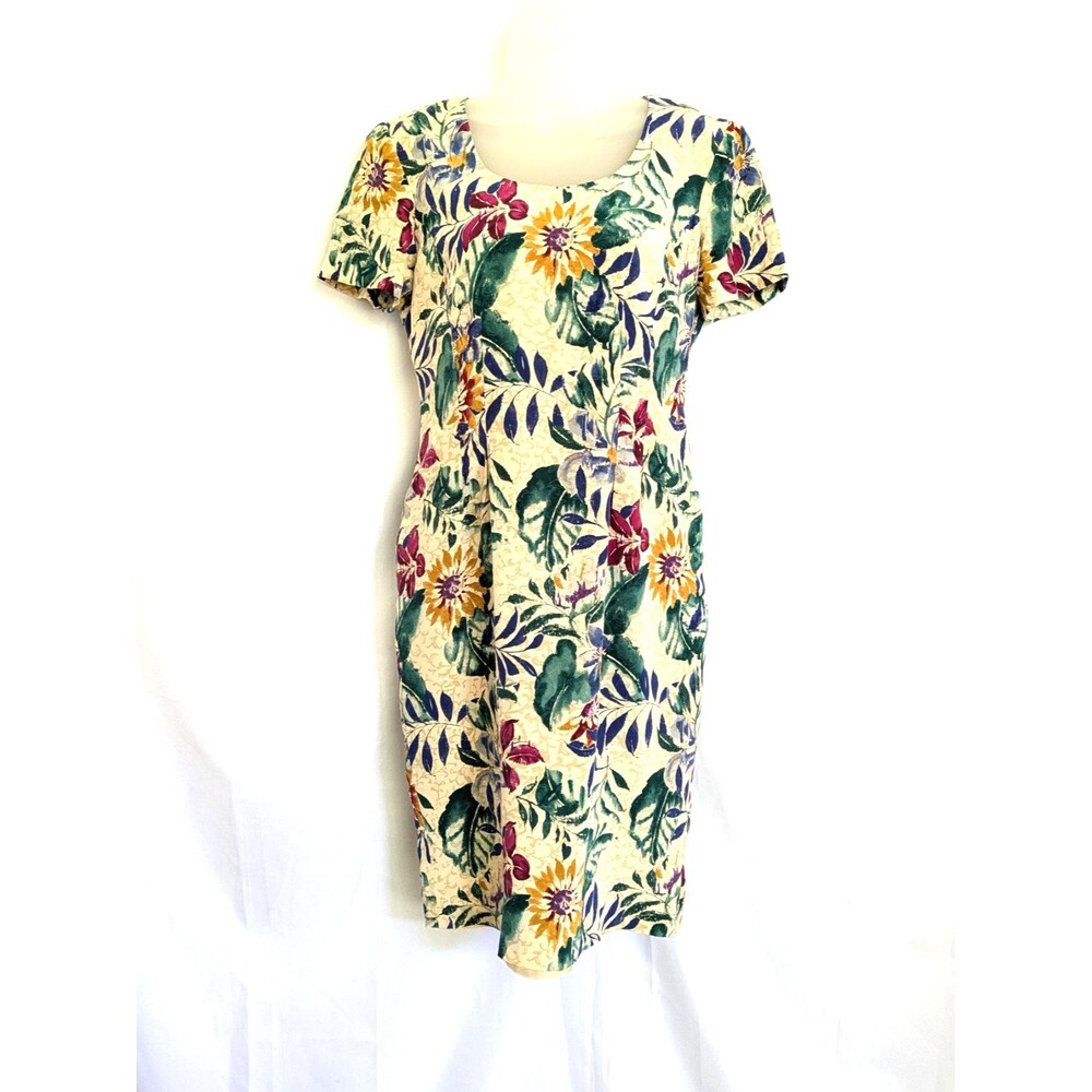 Vintage Maggy London Silk Dress Size 2P Multicolor Tropical Floral Shift Garden
